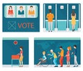 Info graphic of Voting booths with people waiting in line.