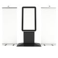 Info LCD screen floor stand with roll-up banners. Royalty Free Stock Photo