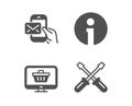 Info, Messenger mail and Web shop icons. Screwdriverl sign. Information, New e-mail, Shopping cart. Vector