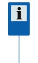 Info sign in blue, black i letter icon, white frame, blank empty copy space background, isolated roadside information signage