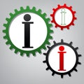 Info sign. Vector. Three connected gears with icons at grayish b Royalty Free Stock Photo