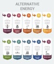 Infographic Alternative Energy template. Icons in different colors. Include Tidal Energy, Biomass Energy, Wind Energy, Geothermal