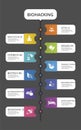 Infographic Biohacking template. Icons in different colors. Include Detox, Meditation, Drugs, Hydrate and others.