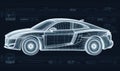 Infographic blueprint presents a comprehensive technical drawing of car. Creating using generative AI tools