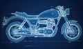 Infographic blueprint presents a comprehensive technical drawing of motorcycle. Creating using generative AI tools