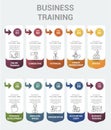 Infographic Business Training template. Icons in different colors. Include Online Training, Consulting, Potencial, Career