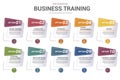 Infographic Business Training template. Icons in different colors. Include Online Training, Consulting, Potencial, Career