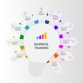 Infographic Business Training template. Icons in different colors. Include Online Training, Consulting, Potencial