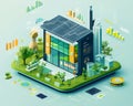 Infographic of a carbon-neutral smart building with solar panels, green tech, and data visualizations highlighting sustainability. Royalty Free Stock Photo