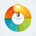Infographic circle with glowing lightbulb. Creative idea concept with 4 options, steps, parts.