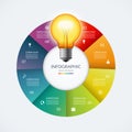 Infographic circle with glowing lightbulb. Creative idea concept with 8 options, steps, parts.