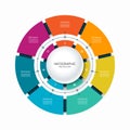 Infographic circular chart divided into 7 parts. Step-by step cycle diagram with seven options.