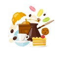 Vector design with infographic coffee and sweets flat icons.