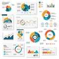 Infographic collection featuring various data visualizations including pie charts, line