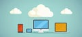 Infographic connecting devices to cloud storage via server for efficient data access