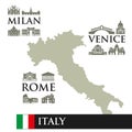 Infographic. Contour map of Italy. Sights symbols of the city, near the town. Milan, Rome, Venice.