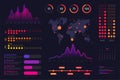 Infographic dashboard template. Data screen with colorful graphs, charts and HUD elements, statistics and analytics