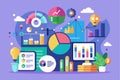 Infographic data concept showcasing various elements of data visualization in a colorful and engaging flat illustration style Royalty Free Stock Photo