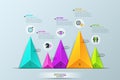 Infographic design layout, bar chart with 5 separate multicolored triangular elements