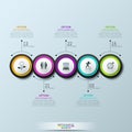 Infographic design layout, 5 multicolored circular elements with pictograms