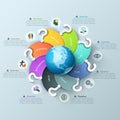 Infographic design template. Spiral multicolored elements with question mark curving around globe, pictograms and text Royalty Free Stock Photo