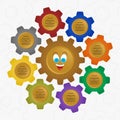 Infographic design vector with brown toothed wheel in the middle of down laughing face with a big smile with colorful gears around