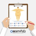 Infographic for 8 Diseases due to obesity in men in flat design. Clipboard in doctor hand. Medical and health care report.