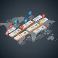 Infographic displaying a 3D timeline over a world map. Four labeled stages, featuring