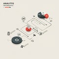 Infographic featuring analytical process flow. Includes pie charts, bar graphs, and flow Royalty Free Stock Photo
