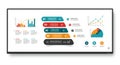 Infographic featuring a layout with bar graphs, line charts, pie charts, and text boxes. Royalty Free Stock Photo
