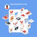 Infographic featuring a recommendation system. Central isometric design displays Royalty Free Stock Photo