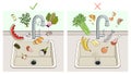 Infographic of food waste disposer for home kitchen sink with kitchen scraps falling into it. What you can throw into garbage