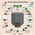 Infographic of garden composting bin with scraps. What to compost. Green and brawn ratio for composting. Recycling organic waste.