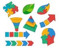 Infographic head funnel arrow process leaf pyramid puzzle color set collection hand drawing white isolated background color style