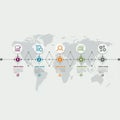 Infographic with a horizontal timeline overlaying a world map in gray. The timeline