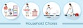 Infographic of housekeeping woman doing household chores, laundry, ironing clothes, cleaning toiliet and vacuuming floor.