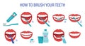 Infographic how to brush your teeth. Step-by-step instructions. Oral hygiene. Healthy lifestyle and dental care. Clean white teeth