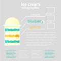 Infographic of ice cream with apricot and blueberry layers in a cup in cartoon style.