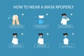 Infographic illustration about how to wear a mask properly for Prevent virus, Dust protection. Flat design Royalty Free Stock Photo