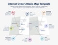 Infographic for internet cyber attack world map with 8 symbols for common internet cyber threats