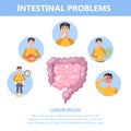 Infographic with intestine problems. Man with digestive