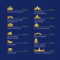 Infographic of Italy symbols, landmarks in gold color. Vector illustration. Rome, Venice, Milan, Italy