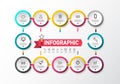 Infographic layout with Sample Text and Icons on Circle Labels. Infographics Concept with Data Flow