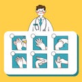 Infographic Male Doctor Explaining How to Wash Your Hand Template Doodle Vector Illustration