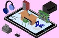 Infographic office on a cellphone. Isometric image of the workplace with table, wardrobe, bookshelf, printer, copier, fax. Royalty Free Stock Photo