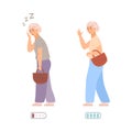 Infographic of old woman tired and energetic, flat vector illustration isolated.