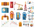 Infographic petroleum elements. Process of oil production and petroleum refining. Oil rig. Fuel. Gasoline pump retro