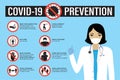 Infographic of prevention coronavirus banner template. Wash hands, avoid touching face, disinfect and stay home