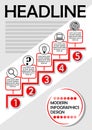 Infographic process template in red and gray design, abstract vector with staircase elements, icons and copy space, five stairway