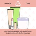 Infographic of recycling code for other plastic. Combinations of multiple types or other polymer for eyeglasses, cosmetic tubes